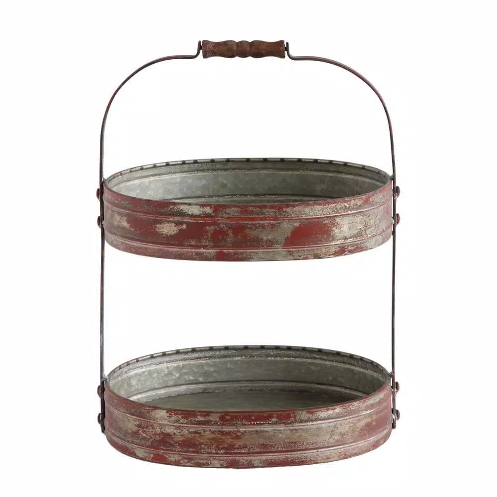 3R Studios Red 2-Tier Oval Iron Decorative Tray with Wood Handle