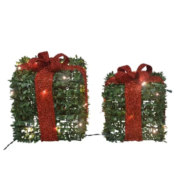ProductWorks Pre-lit Faux Boxwood Topiary Present Christmas Decor Set, 45 LED Lights, Set of 2