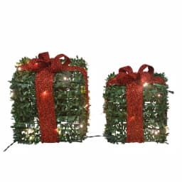 ProductWorks Pre-lit Faux Boxwood Topiary Present Christmas Decor Set, 45 LED Lights, Set of 2 thumbnail 1