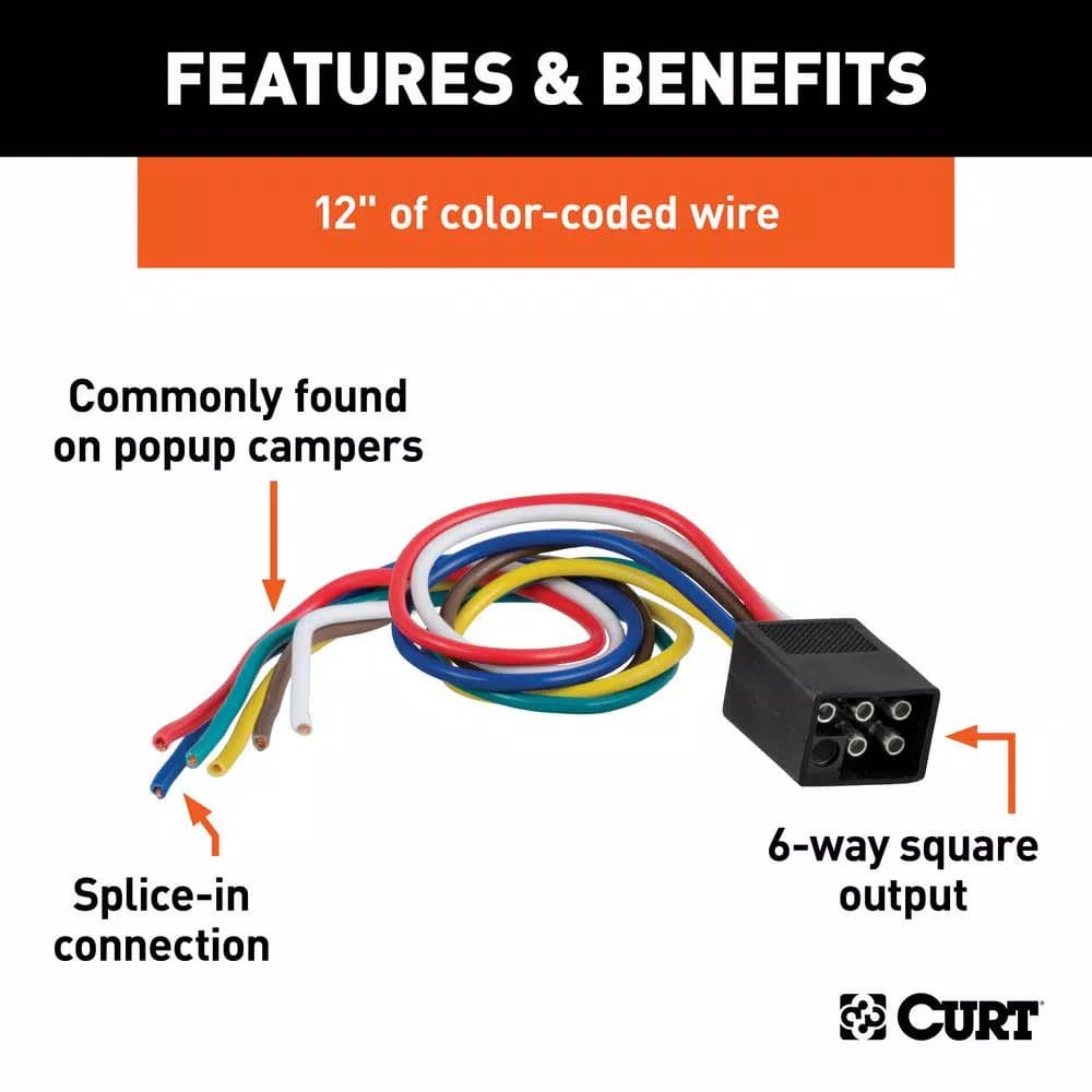 CURT 6-Way Square Trailer Side Connector Plug with 12" Color-Coded Wires