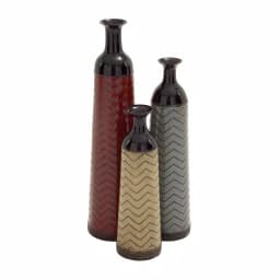 LITTON LANE Chevron Set of 3 Metal Decorative Floor Vases - Rustic Tin in Red, Brown, and Green thumbnail 1