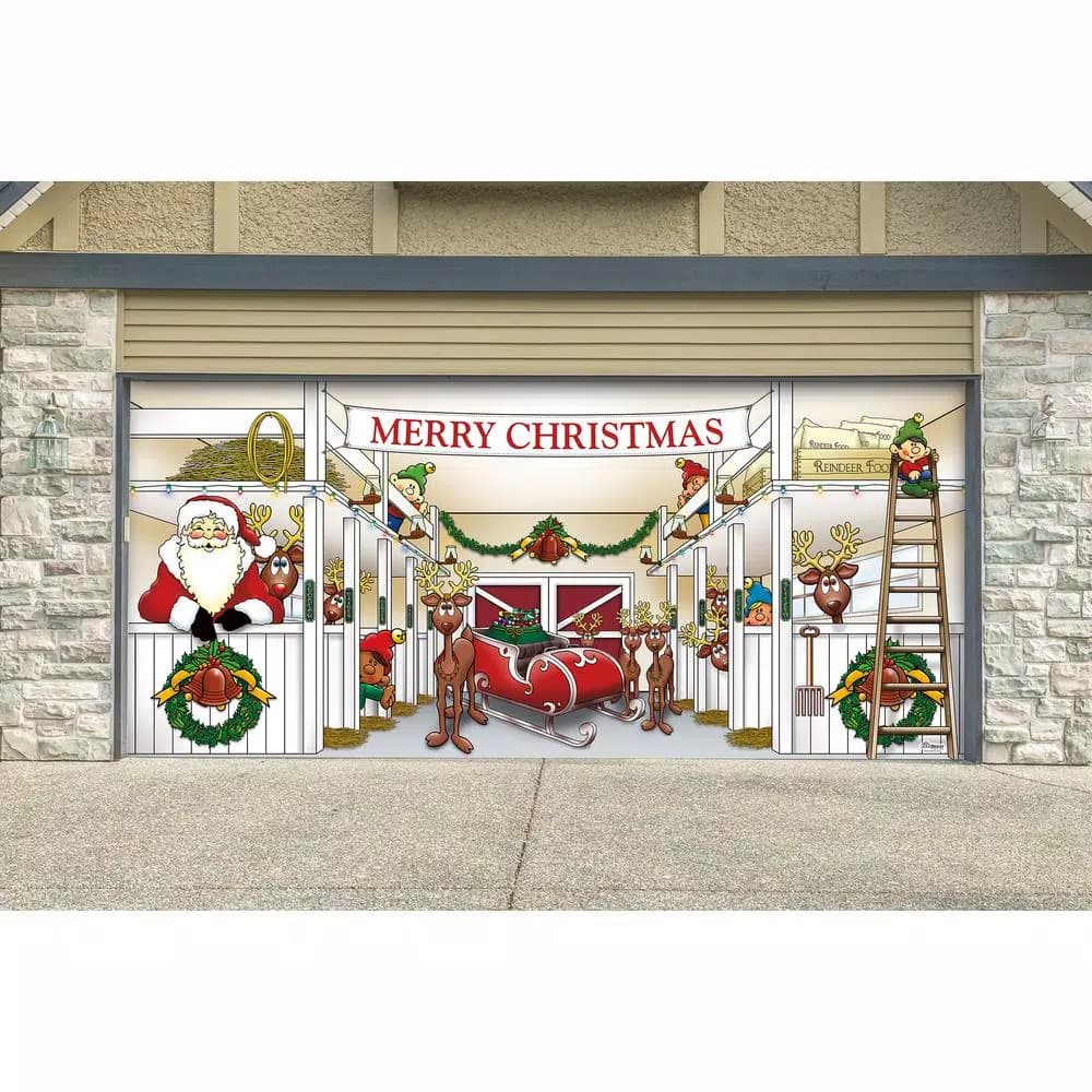 My Door Decor Santa's Reindeer Barn 7 ft. x 16 ft. Christmas Garage Door Mural Decor