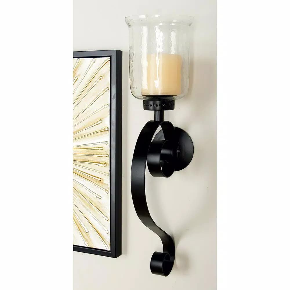 LITTON LANE 27 in. Wrought Iron Candle Sconce with Clear Glass Hurricane Holder, Black