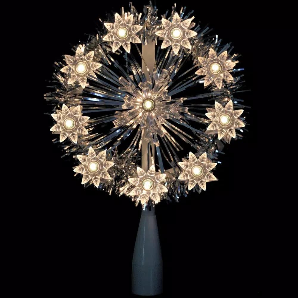 Northlight 7 in. Silver Tinsel Snowflake Starburst Christmas Tree Topper with Clear Mini Lights