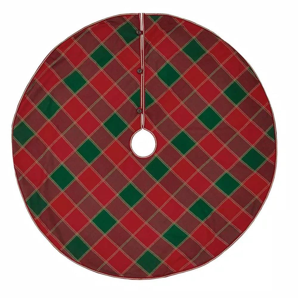 VHC Brands 55 in. Tristan Cherry Red & Shamrock Green Plaid Christmas Tree Skirt with Gold Trim