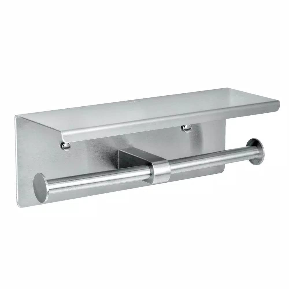 Alpine Industries Double Post Toilet Paper Holder with Storage Shelf, Brushed Stainless Steel