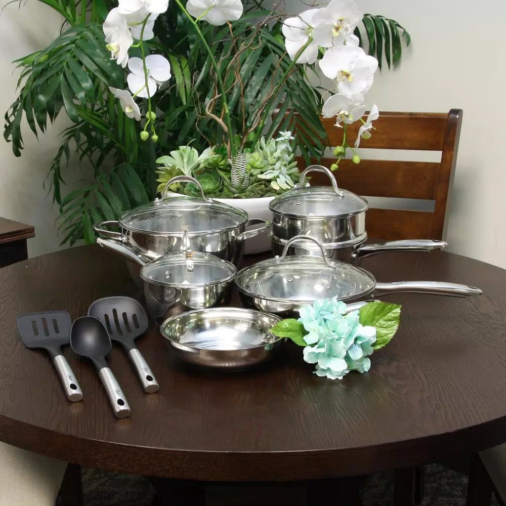 Oster Ridgewell 13-Piece Stainless Steel Cookware Set with Tempered-Glass Lids and Utensils