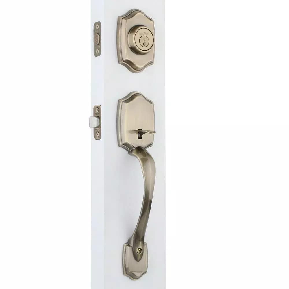 Kwikset Belleview Antique Brass Single Cylinder Handleset with Tylo Knob and SmartKey Security