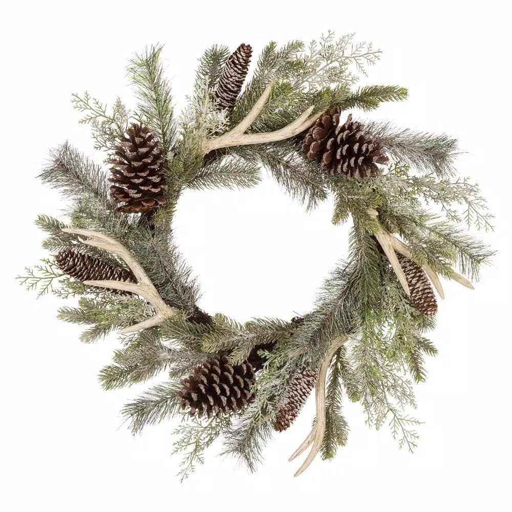 Glitzhome 24 in. Flocked Pinecone and Antler Artificial Christmas Wreath