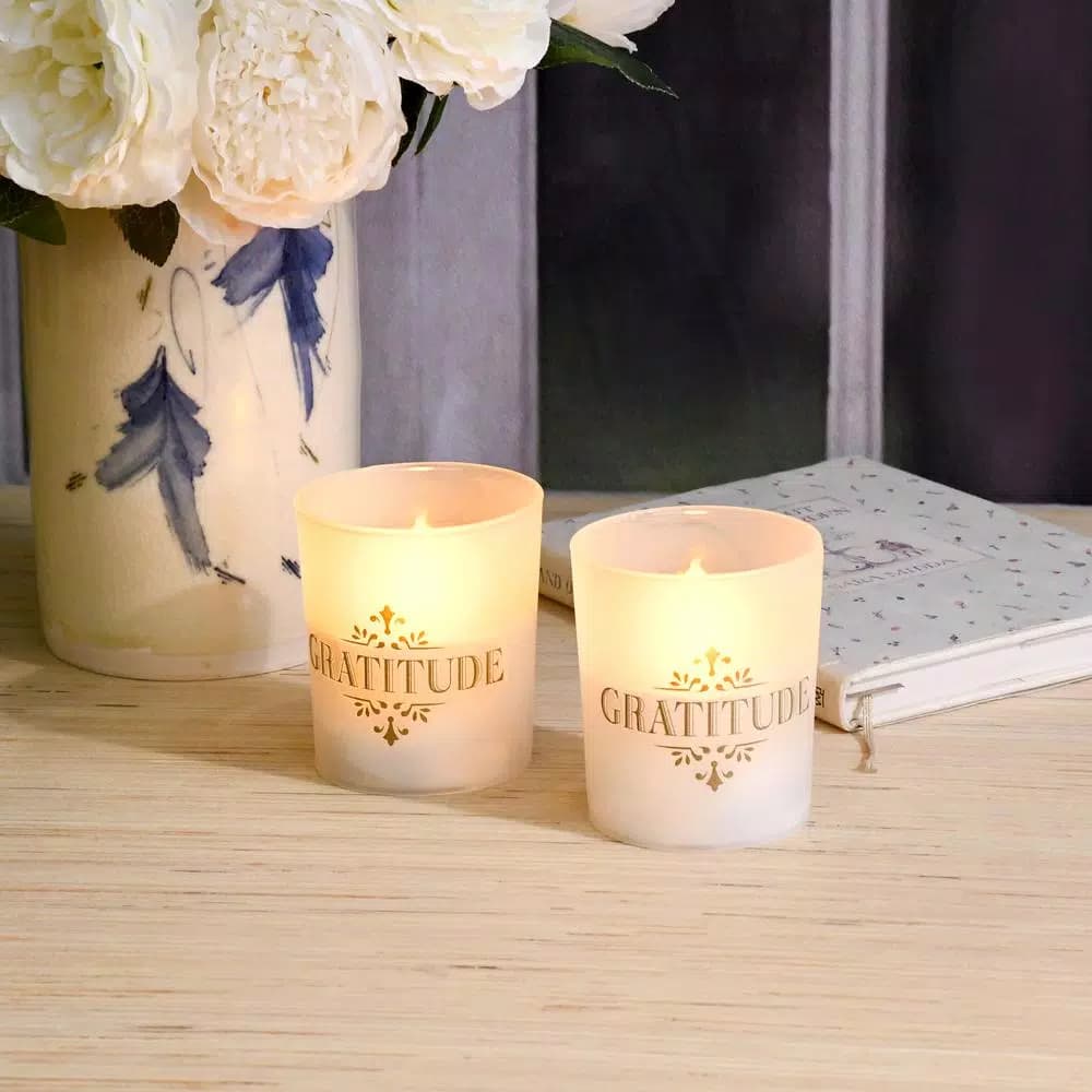 LUMABASE Gold Gratitude LED Battery Operated Candles with Frosted Glass - Set of 2