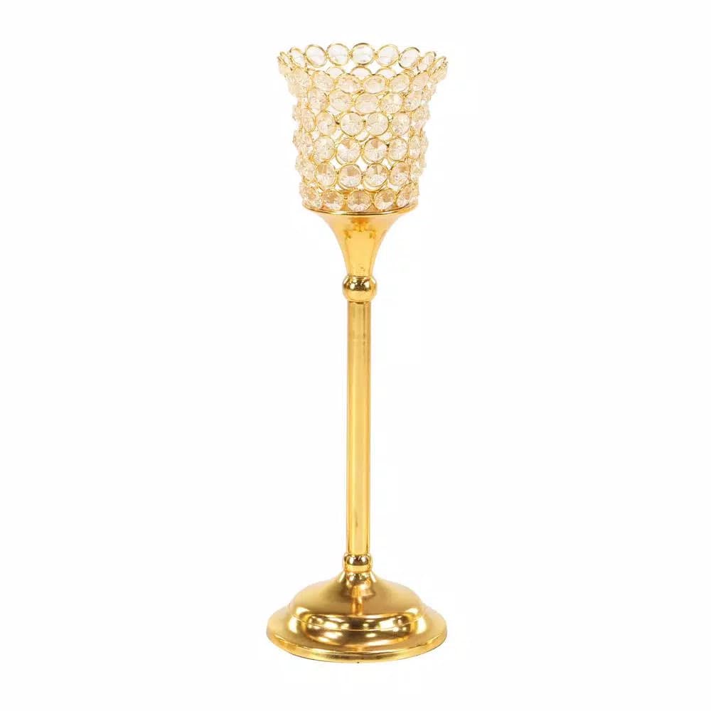 LITTON LANE Gold Aluminum Candle Holders with Bead Accents, Set of 3