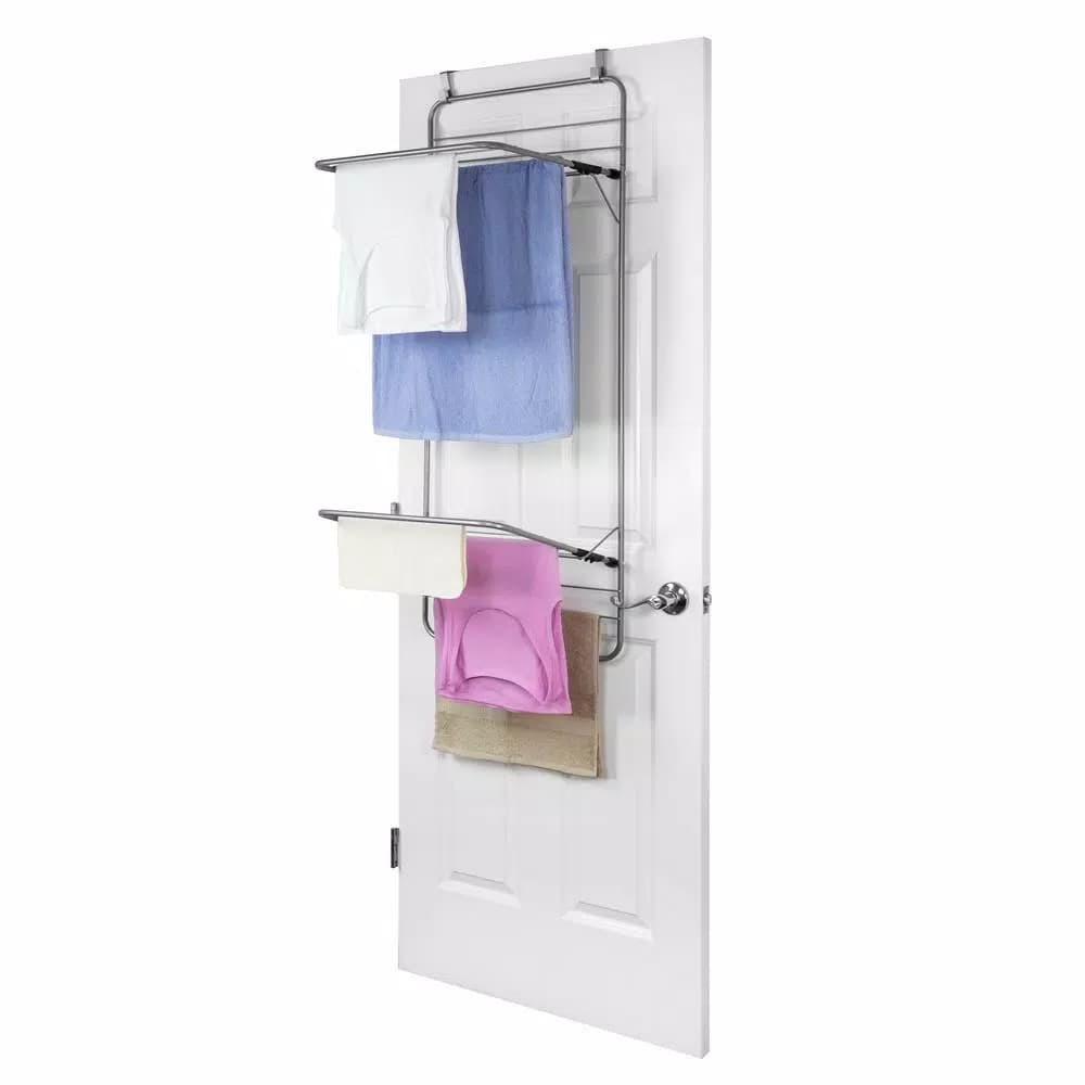 Home Basics 10-Bar Over-the-Door Towel Rack, Collapsible Steel Storage Organizer, Grey