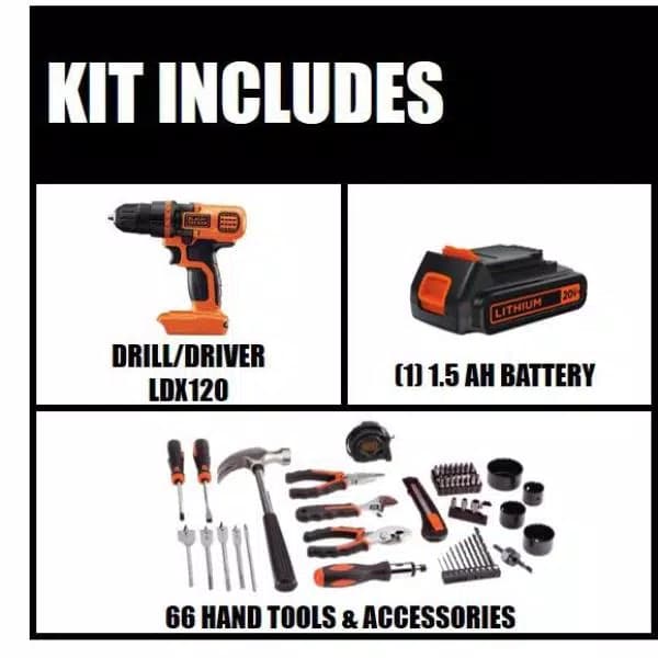 BLACK+DECKER 20V MAX Lithium-Ion Cordless Drill and 66-Piece Hand Tool Project Kit