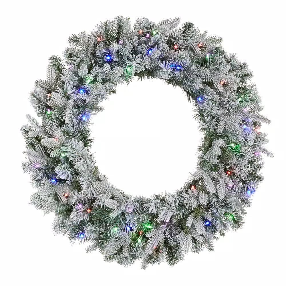 Home Accents Holiday Home Holiday Accents 30 in. Flocked Pine LED Prelit Wreath with 50 Warm White Lights and Timer