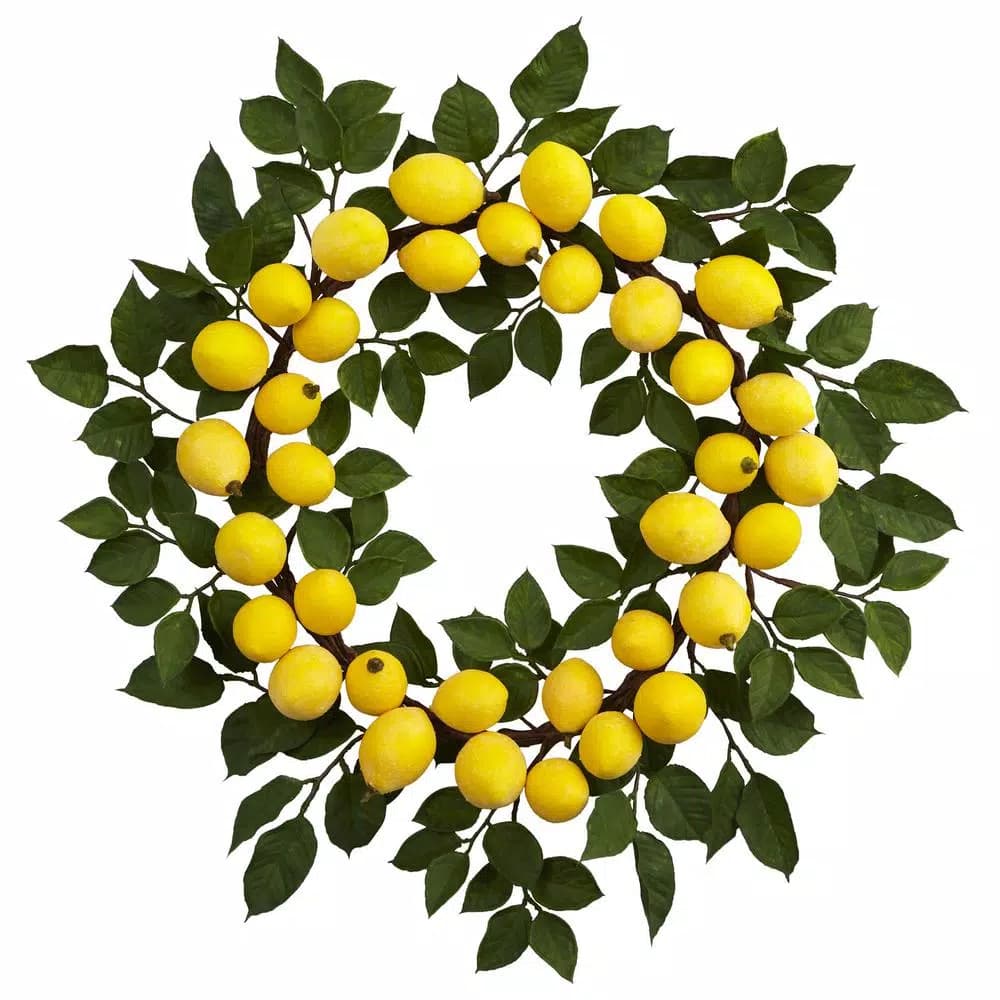 Nearly Natural 24 in. Lemon Wreath - Sunny Yellow & Green European Inspired Farmhouse Decor