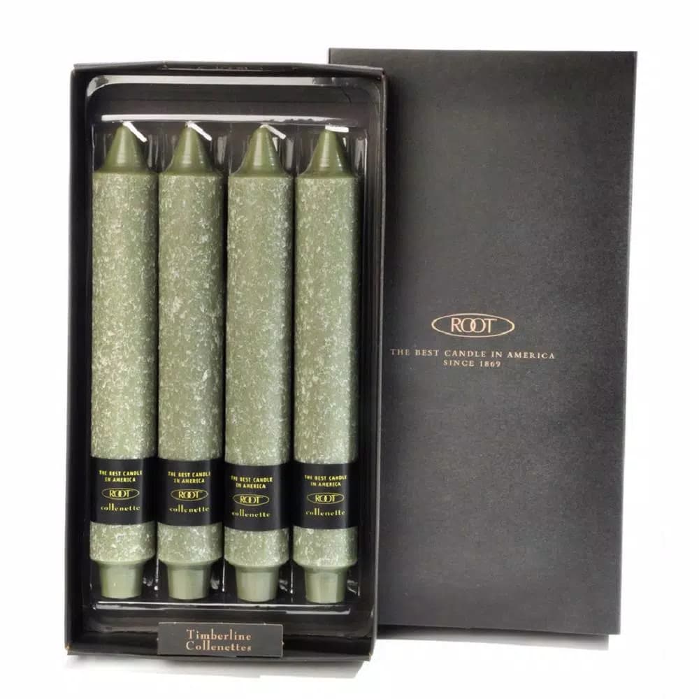 ROOT CANDLES A.I. Root 9 in. Timberline Collenette Dark Olive Taper Dinner Candles, Box of 4