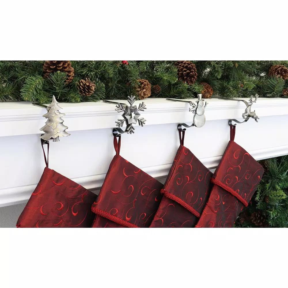 Haute Decor Antique Brass MantleClip Stocking Holder Set with Holiday Icons, 4-Pack