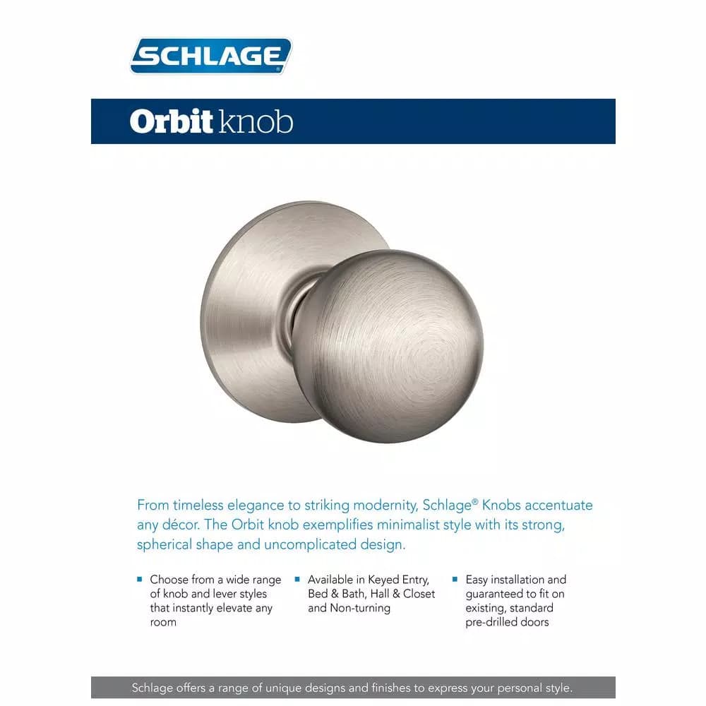 Schlage Orbit Satin Chrome Keyed Entry Door Knob, ANSI Grade 1