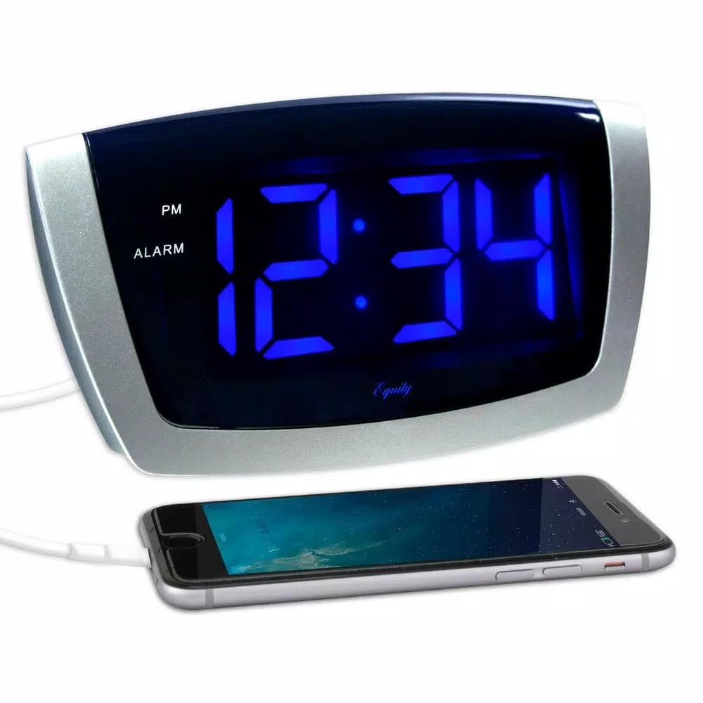 Equity by La Crosse Large 1.8 in. Blue LED Digital Alarm Clock with USB Charging Port - Silver