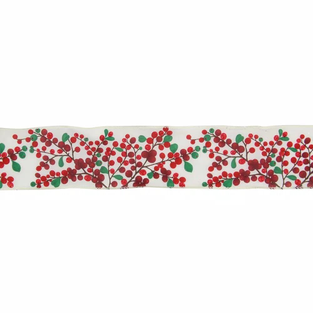 Northlight Red Berries on Branches Wired Craft Ribbon, 2.5 in. x 16 yds, Ivory
