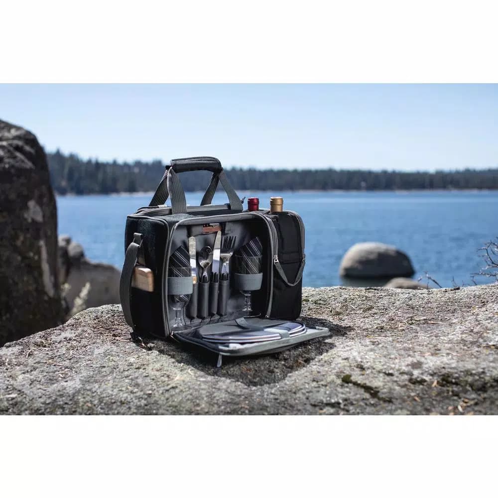 Picnic Time Malibu Black Wood Picnic Cooler Tote - Insulated Picnic Set for Two