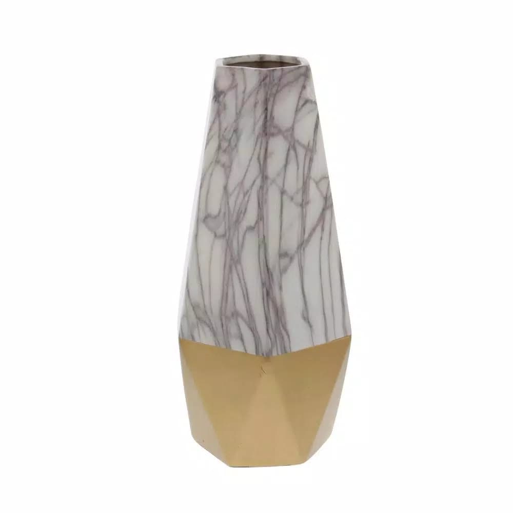 CosmoLiving by Cosmopolitan 14 in. Ceramic Gold and White Marble Glaze Modern Table Vase