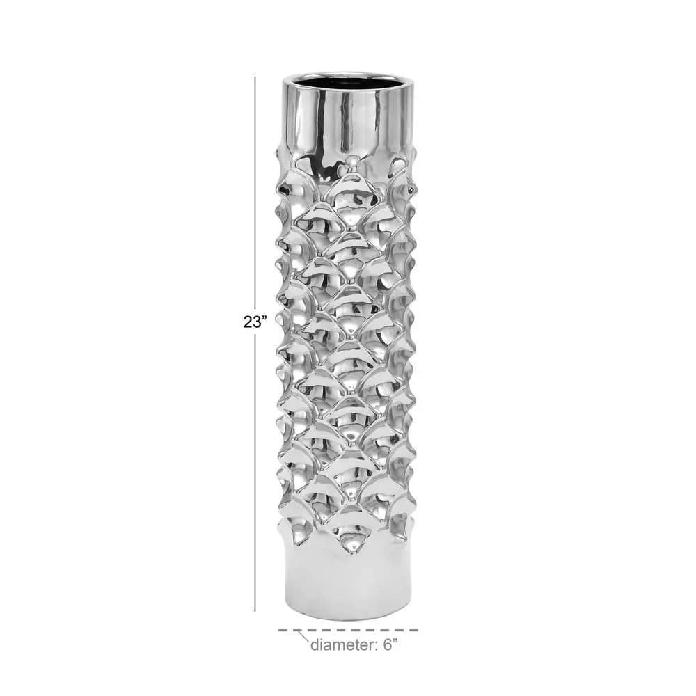 LITTON LANE Modern Reflections 23 in. Silver Ceramic Tower Vase with Ridged Details