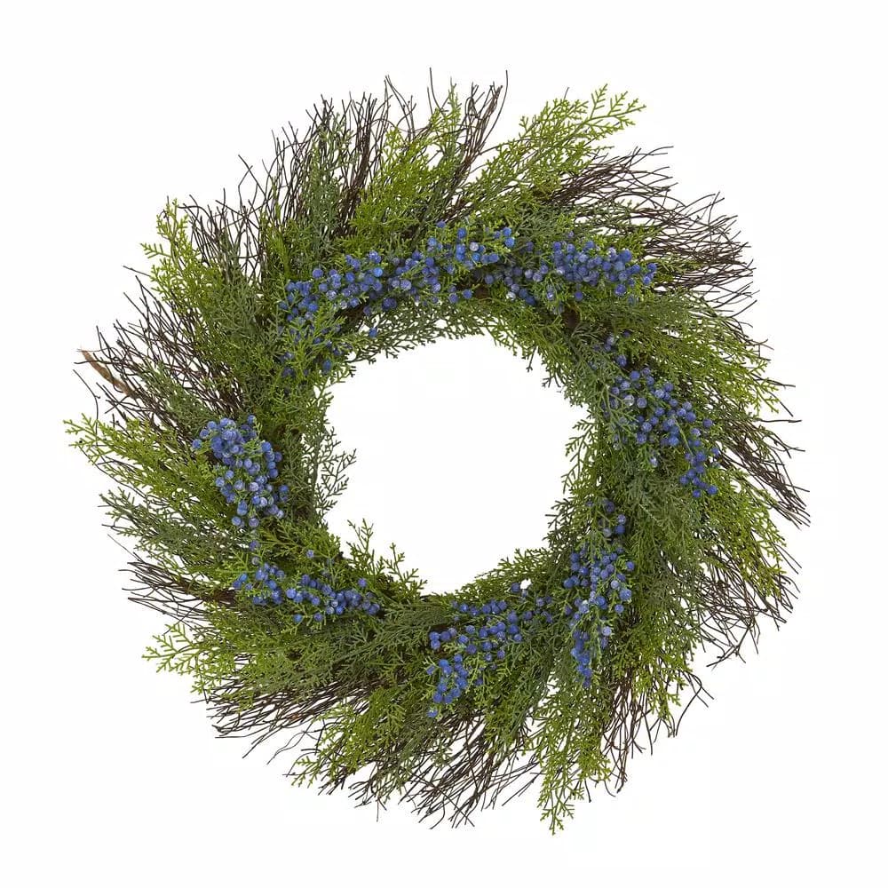 Nearly Natural 21 in. Cedar with Blueberries Artificial Wreath