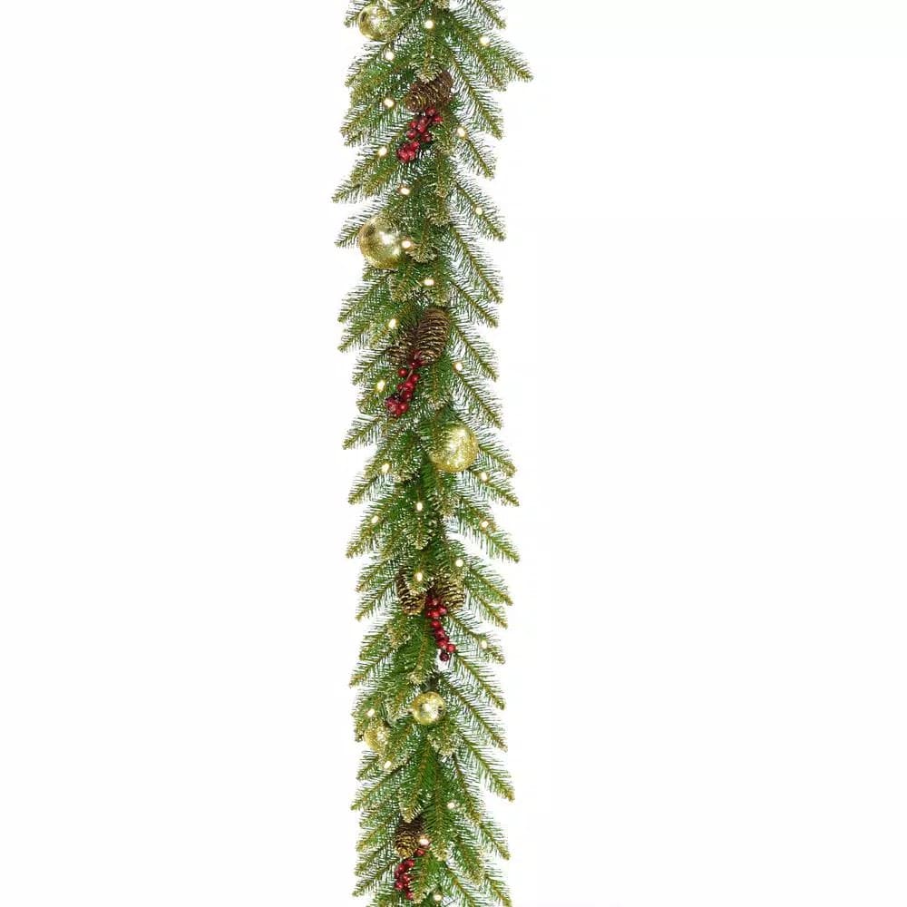 National Tree Company 9 ft. Glittery Gold Dunhill Fir Garland with Red Berries, Gold Ornaments & Warm White LED Lights