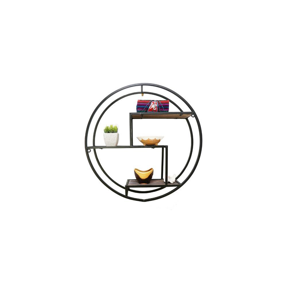 Admired By Nature 23 in. Black Round 3-Tier Iron and Wood Wall-Mounted Floating Shelves