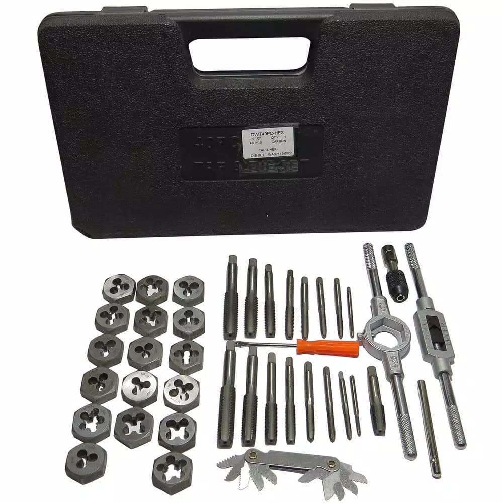 Drill America 40-Piece Metric Carbon Steel Tap and Die Set, 3 mm - 12 mm Hex Dies with 2 Tap Wrenches