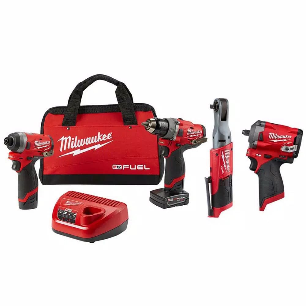 Milwaukee M12 FUEL 12V Lithium-Ion Brushless 4-Tool Cordless Combo Kit with 2 Batteries and Bag