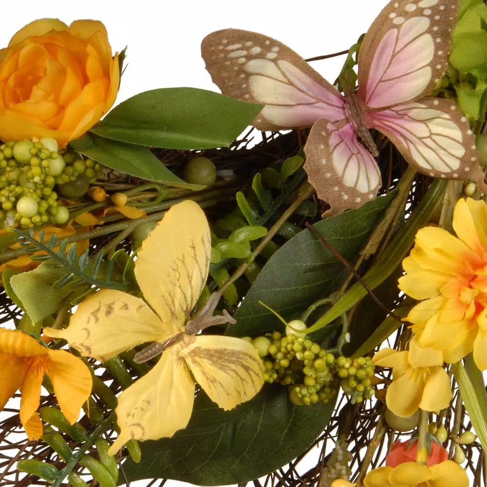 National Tree Company 24 in. Decorative Spring Wreath with Mixed Flowers, Greenery, and Butterflies