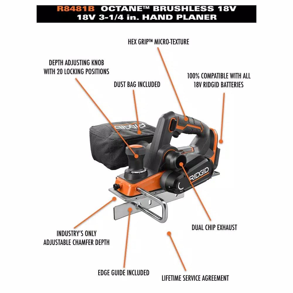 RIDGID 18V OCTANE Cordless Brushless 3-1/4 in. Hand Planer, Tool Only