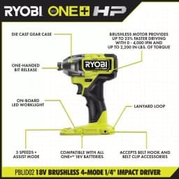 RYOBI ONE+ HP 18V Brushless 1/4 in. 3-Speed Impact Driver (Tool Only) thumbnail 3