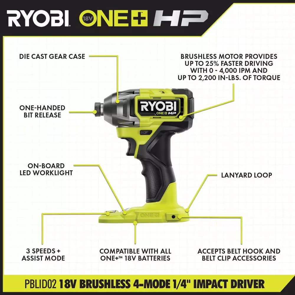 RYOBI ONE+ HP 18V Brushless 1/4 in. 3-Speed Impact Driver (Tool Only)
