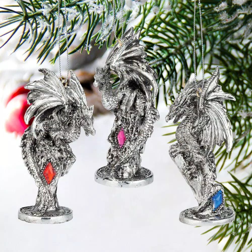 Design Toscano Three Dragons of the Amesbury Holiday Gemstone Ornament Set, 3-Piece Silver Resin