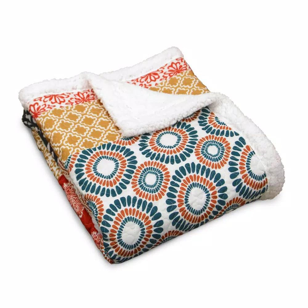 Lush Decor Bohemian Turquoise and Orange Sherpa Stripe Throw Blanket, 50 x 60 in