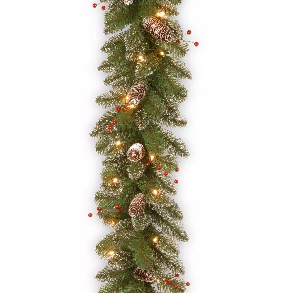 Unbranded Glittery Mountain Spruce 9 ft. Artificial Garland with 50 Clear Lights, Red Berries & Pine Cones