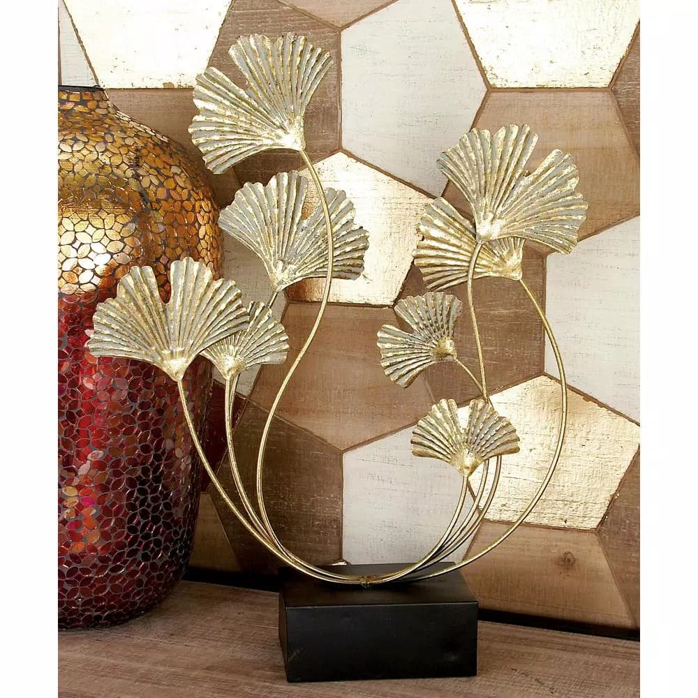 LITTON LANE Natural Reflections 22" Gold Ginkgo Leaf Iron Sculpture with Black Base