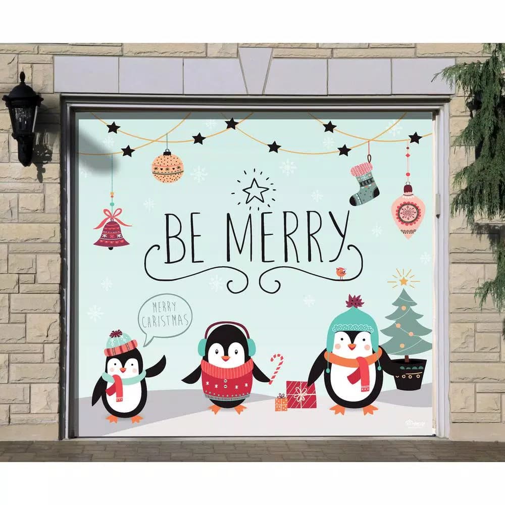 My Door Decor 7 ft. x 8 ft. Merry Penguins Christmas Garage Door Mural Banner