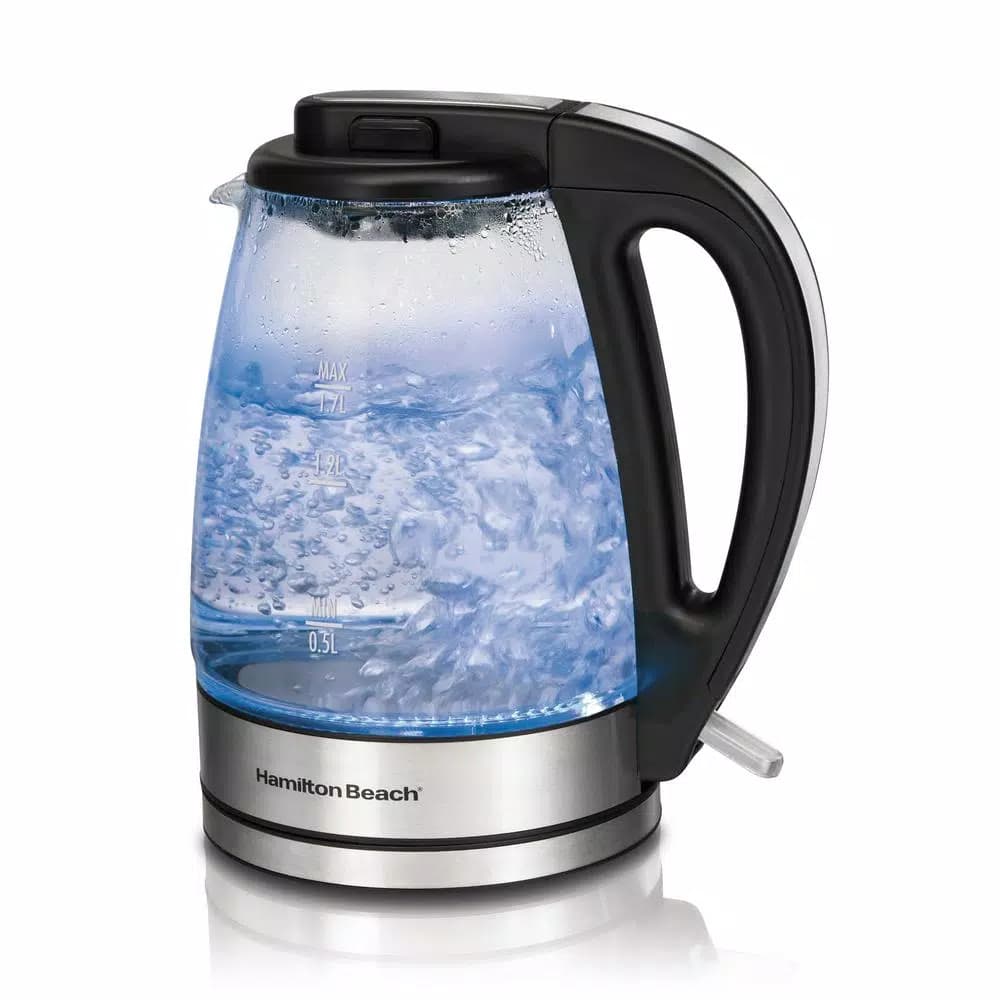 Hamilton Beach 1.7 Liter Glass Electric Kettle, 1500W Rapid Boil with Blue Illumination
