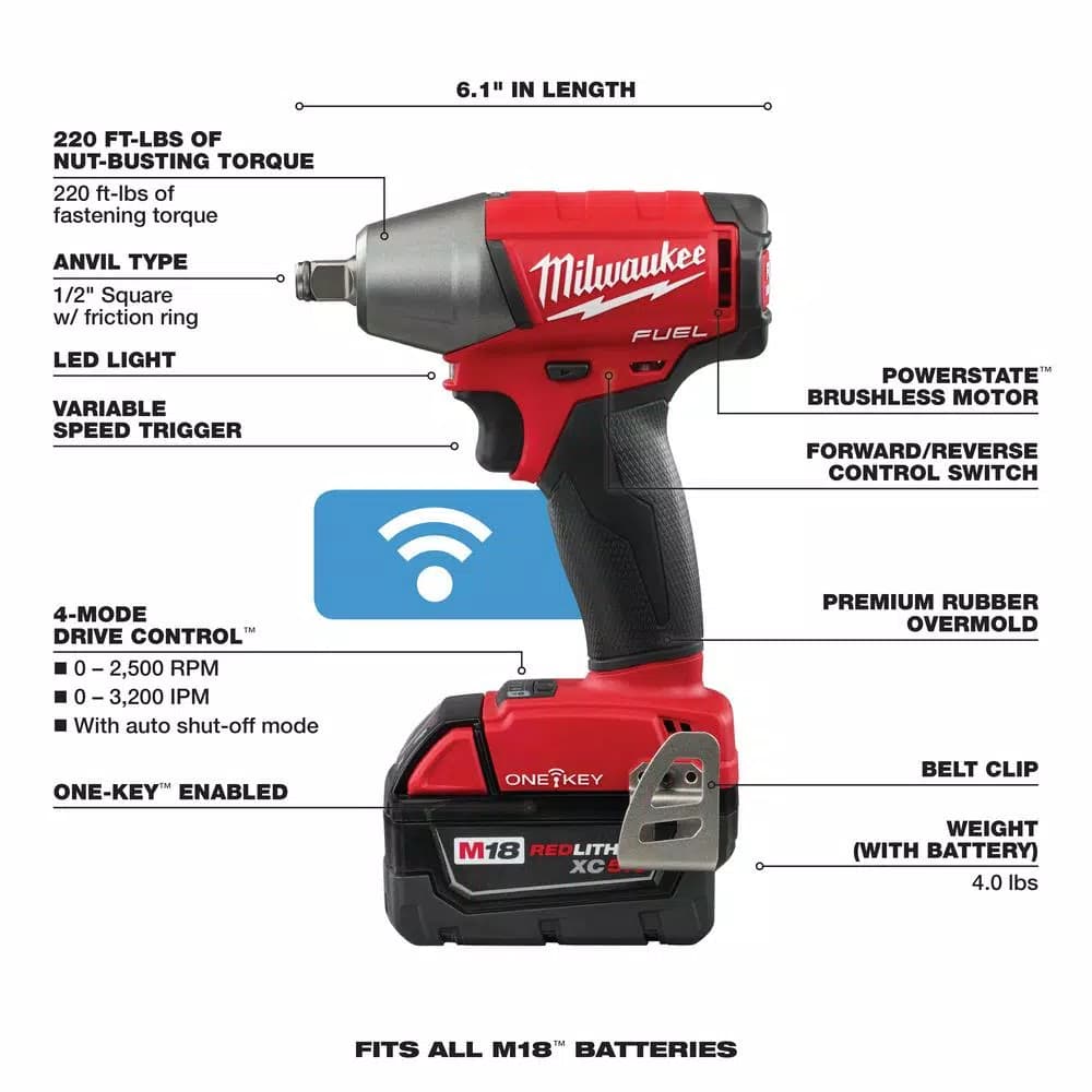 Milwaukee M18 FUEL ONE-KEY 1/2 in. Compact Impact Wrench Kit w/ (2) 5.0 Ah Batteries & Charger