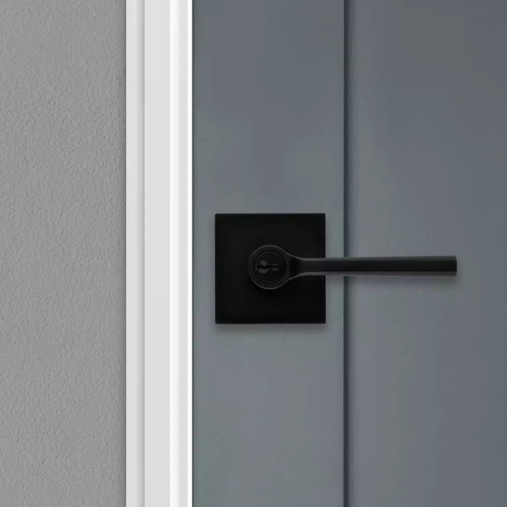 Kwikset Lisbon Square Matte Black Keyed Entry Door Lever with SmartKey Security