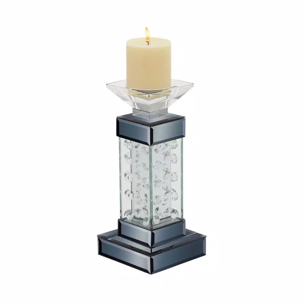 LITTON LANE 11" Contemporary Glass Encased Crystal Bubble Candle Holder with Grey Mirrored Wood Base