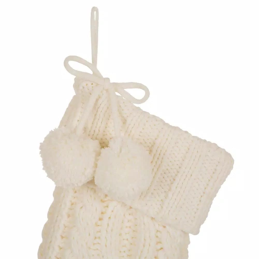 Glitzhome 24 in. White Knitted Polyester Christmas Stocking with Pom Pom Balls