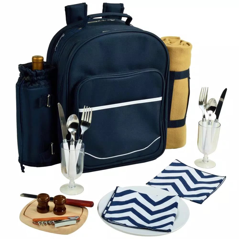 Unbranded Deluxe 2-Person Picnic Backpack with Insulated Cooler and 50x60in Blanket - Navy/Chevron