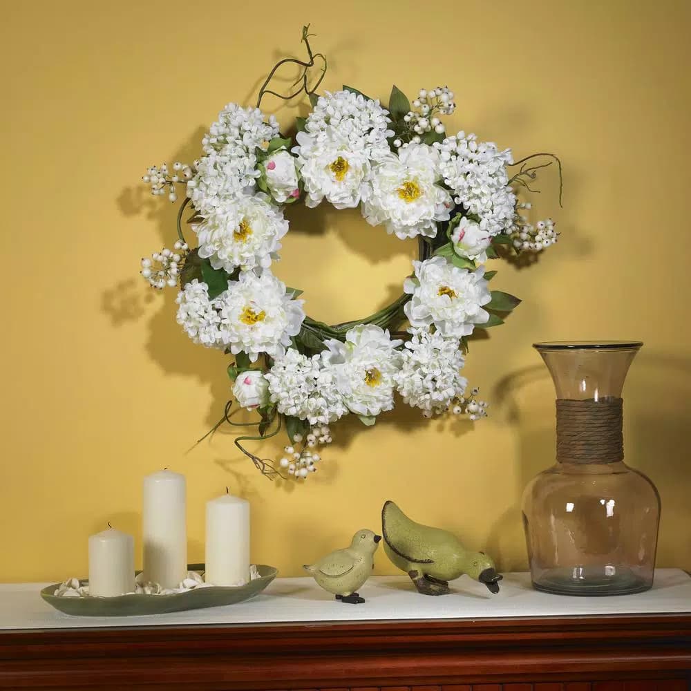 Nearly Natural 20 in. White Peony Hydrangea Wreath