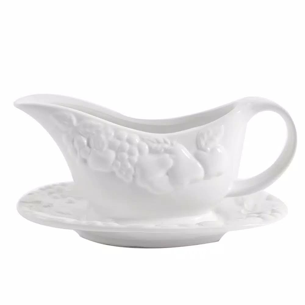 Gibson Home Fruitful 8 in. White Durastone Gravy Boat with Saucer