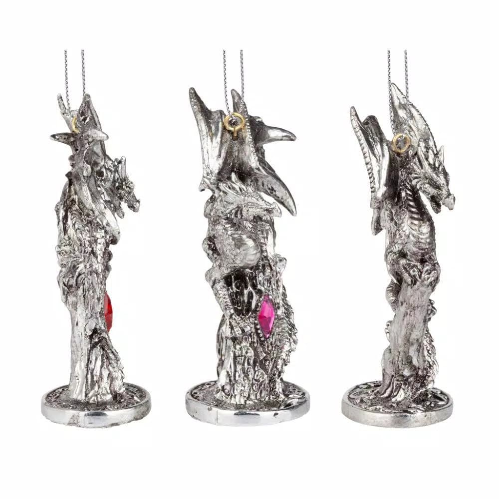 Design Toscano Three Dragons of the Amesbury Holiday Gemstone Ornament Set, 3-Piece Silver Resin